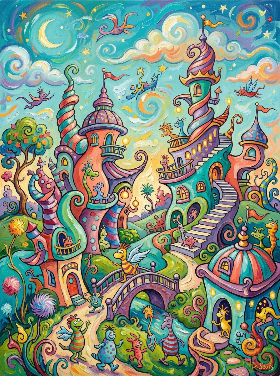 Whimsical landscape in the style of Dr. Seuss