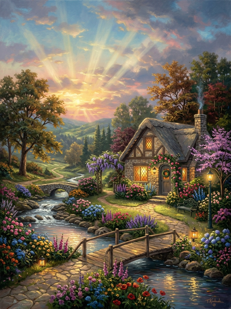Cozy romantic stone cottage in forest by Thomas Kinkade